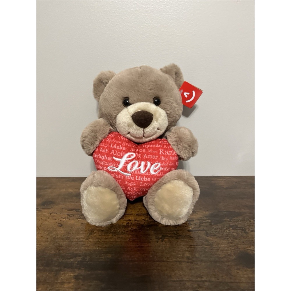 Aurora 9" Bear Plush Taupe Brown Love Heart Valentine Amor